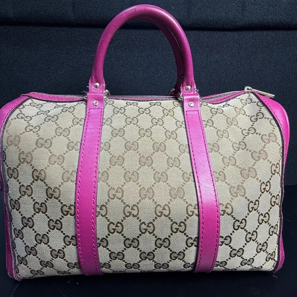 Gucci Beige GG Canvas Satchel with Bright Pink Leather Trim
